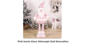 Pink sequin Christmas gnome with telescopic legs and plush shoes by a white reindeer