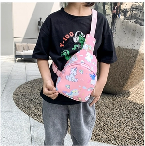 Girl wearing pink dinosaur unicorn chest bag with adjustable strap and front zipper