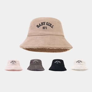 Women Winter Bucket Hat Suede Lamb Wool Lined Warm Thickened Retro Letter Embroidery Streetwear Fashion