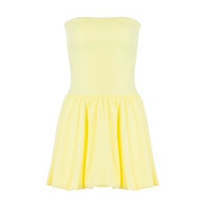 Pale yellow strapless mini dress with cinched waist and flared pleated skirt