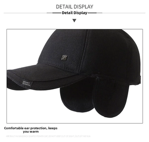 Close-up of winter outdoor baseball cap featuring thick fabric and fold-down ear flaps