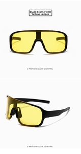 Detail of sports sunglasses with black lightweight frame and bright yellow lenses