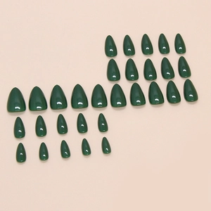 Glossy forest green almond press-on nails set in minimalist solid color style