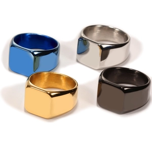 Minimalist square stainless steel rings for men in gold, silver, black, and blue colors
