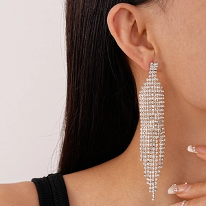 Gros plan de longues boucles d'oreilles à franges argentées avec strass sur un mannequin