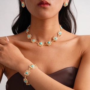 Vintage Hollow Flower Jewelry Alloy Turquoise Rhinestone Necklace Bracelet Earrings With Silver Earring Post For Women Retro