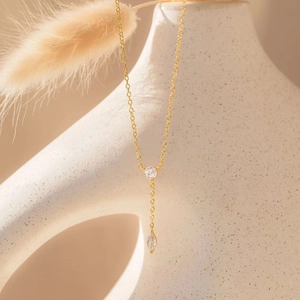 Y-Shaped Necklace 925 Sterling Silver 14K Gold Plated Round And Marquise Cubic Zirconia Drop Pendant Minimalist For Women