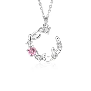 925 Sterling Silver Necklace With Pink Cubic Zirconia Garland Pendant Floral Leaf Design Romantic Jewelry For Women