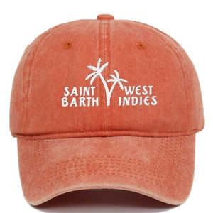 Detailed close-up of palm tree embroidery on a vintage washed brick red baseball cap
