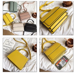 Close-up of stylish flap crossbody bags in five colors with metal chain detail
