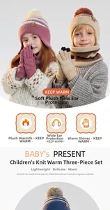Detailed knit texture of children's winter hat scarf and gloves set with warm fleece lining