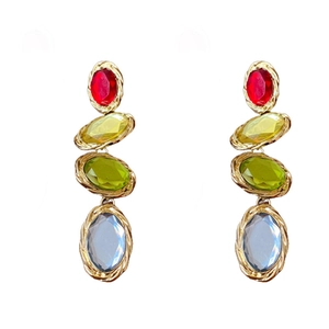 Vintage style gold earrings with four colorful oval gemstones in a vertical drop design