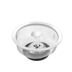 Macro detail of stainless steel sink strainer with center handle and rubber stopper base