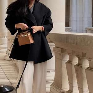 Chic black women wool blend coat with lapels and waist belt for autumn winter fashion