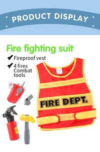 Kids firefighter costume set with reflective vest, walkie-talkie, and extinguisher toys