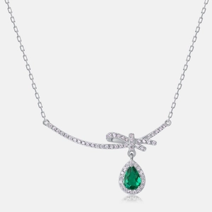 S925 silver bow necklace with a pear-shaped green emerald pendant and diamond halo