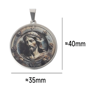 Macro detail of round Jesus portrait pendant showing dimensions of 35mm by 40mm