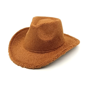 Brown teddy fleece western cowboy hat with wide brim for autumn and winter fashion