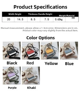 Size guide for contrast color PU leather handbag showing dimensions and color options