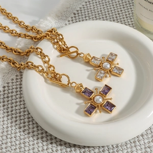 18k gold plated stainless steel cross necklace with pearl and purple zircon pendants