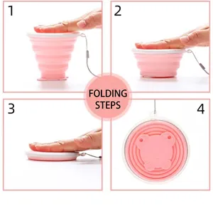 Portable pink food-grade silicone collapsible travel cup with cat paw pattern and four-step folding