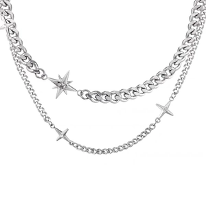 Double-layered silver titanium star pendant necklace with cubic zirconia for men