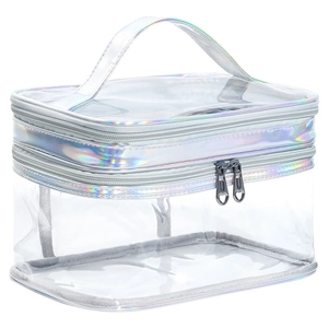 Clear waterproof PVC toiletry bag with holographic handle and heart-shaped dual zippers