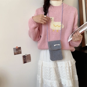Gray plush mobile phone bag with sheepskin texture, purple strap, and sozakka logo label