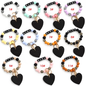 Silicone bead MAMA keychains in 11 colors with leopard print and leather heart pendant