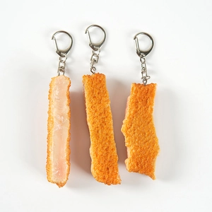 Realistic PVC fried chicken strip keychain set with 3 pieces and metal lobster clasps