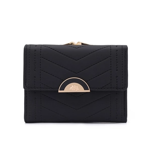 Close-up of black quilted PU leather wallet featuring a gold snap buckle and stitching