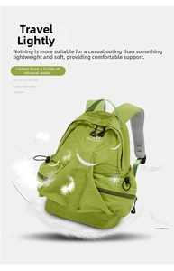 Macro shot of light green lightweight nylon backpack with breathable mesh shoulder straps