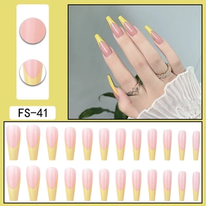 Lemon Yellow Long Ballerina French Press On Nails Glossy Nude Pink Coffin False Nails Kit Full Cover Professional Nail Art