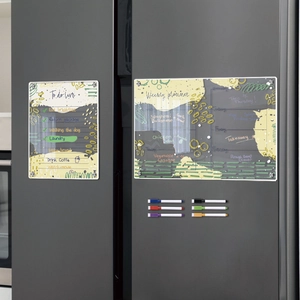 Acrylic magnetic weekly planner and to-do list with six colored markers on a fridge