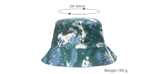 Tie-dye bucket hat detail showing 58-64cm head circumference and 120g weight spec