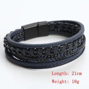 Bracciale multistrato in pelle intrecciata da uomo con chiusura magnetica nera, 21 cm