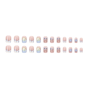 24pcs French light blue leopard print cat press-on nails with star and flower designs