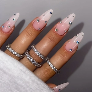 French Milky White Pink Gradient Press On Nails Elegant Almond Shape Long Fake Nails With Rhinestone Embellishment