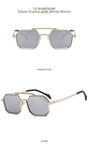 Detail view of octagon metal sunglasses in C6 silver with mirrored lenses and double bridge