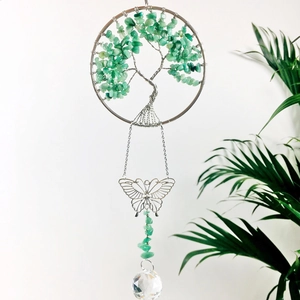 Tree Of Life Suncatcher Hanging Ornament With Metal Wire Butterfly Natural Gemstone Chips And Crystal Prism Ball