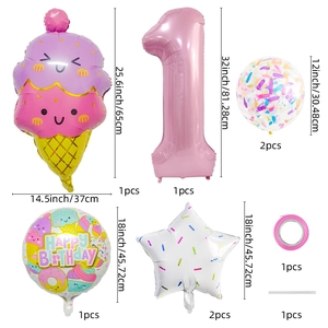 Kit ballons 1er anniversaire thème glace rose avec chiffre un géant et confettis colorés