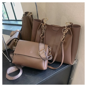 Brown PU leather tote bag set with golden chains and a woven patterned strap