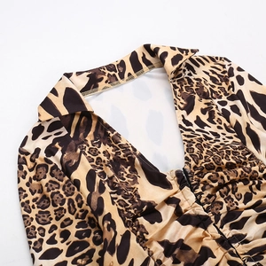 Close-up of sexy deep V-neck leopard print long sleeve top with ruched detailing