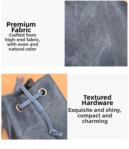 Close-up of dark grey denim fabric texture and golden metal eyelets with blue drawstring
