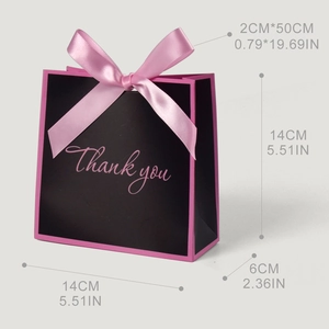 Minimalist black and pink gift bags with satin bow and dimensions 14x14x6cm