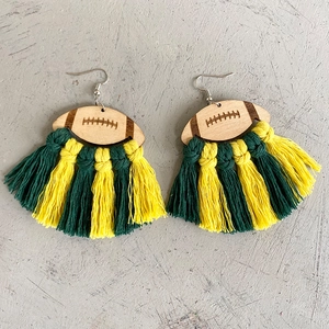 Rugby football wood earrings with yellow and green fringe tassels for cheerleading
