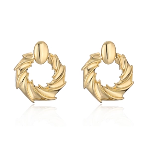 Retro geometric gold-plated leaf-shaped drop earrings with a high-polished mirror finish