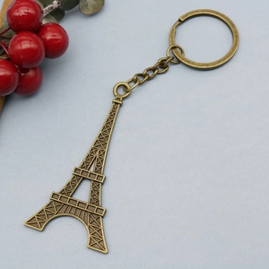 Detailed view of an antique bronze Eiffel Tower keychain with a metallic link chain