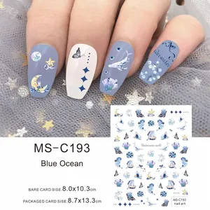 Detailed blue ocean themed nail stickers featuring whales, seashells, and stars on MS-C193