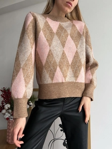 Women Retro Argyle Knit Sweater Cotton Polyester Blend Crew Neck Long Sleeve Pullover Loose Fit Lazy Style Top